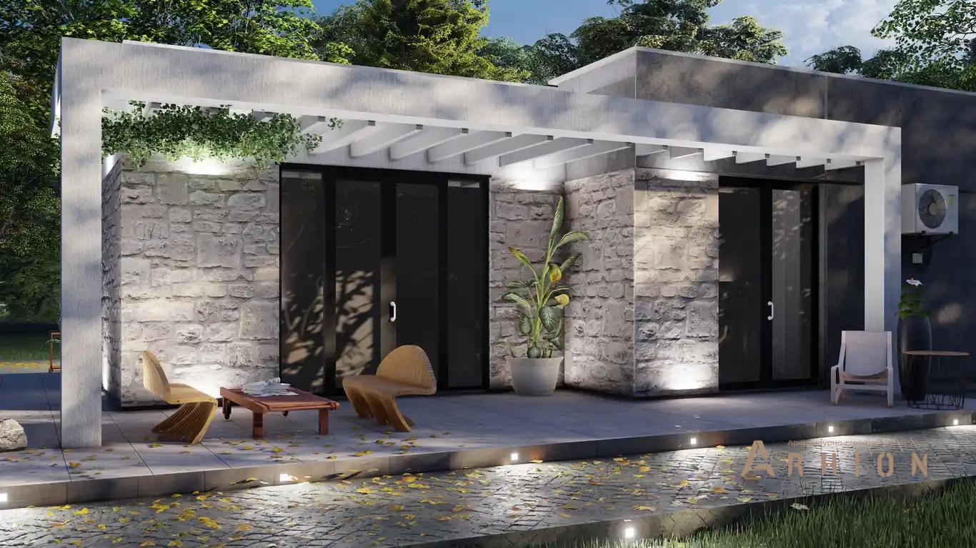 2. Проект одноэтажного дома в стиле хай-тек с плоской кровлей , h-1625, площадью - 88 кв c терассой